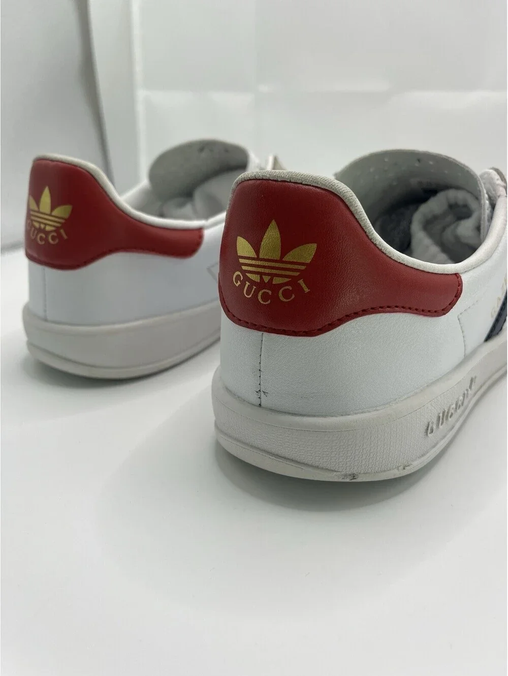 Gucci x Adidas Gazelle Mens 11 White Leather Suede Navy Red Sneakers Authentic